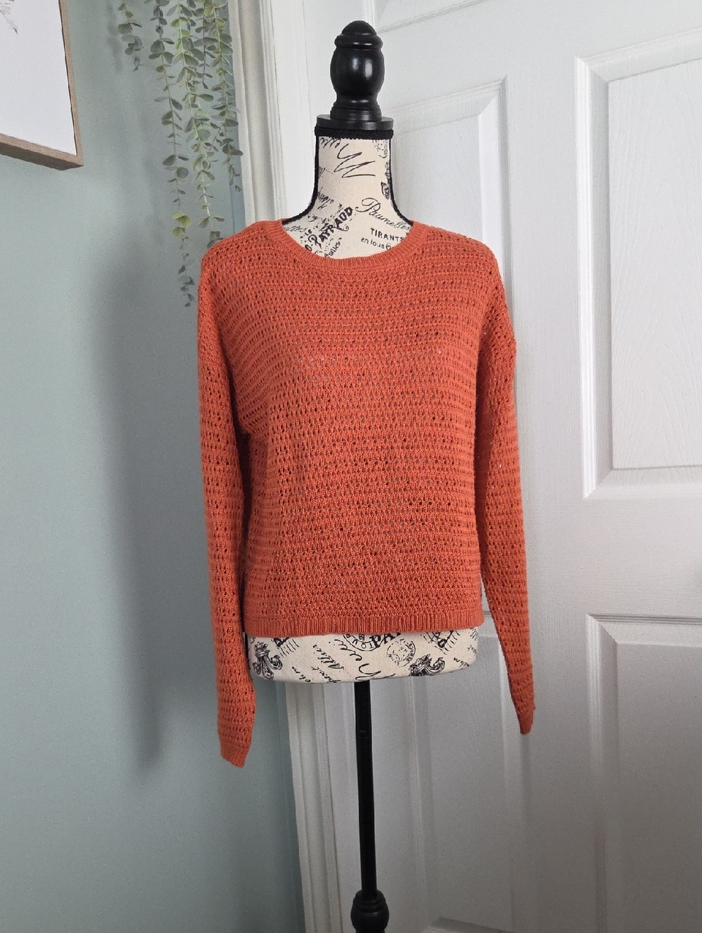 Madison + Hudson Cozy Open-Knit Cropped Crewneck Sweater - Rust Orange